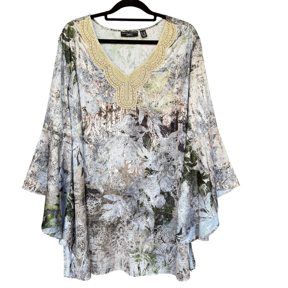 Susan Graver Blouse Womens 2X Multicolor Beaded Kimono Tunic Top Boho Art